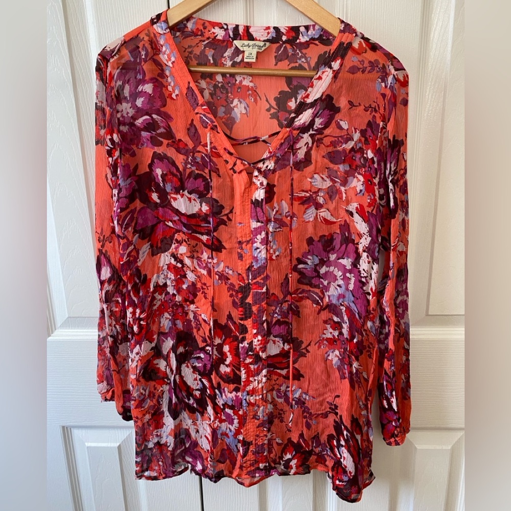 Lucky Brand Orange‎ Floral Crinkle  Crepe Semi-Sheer Boho Tie Neck Tunic Top 1X